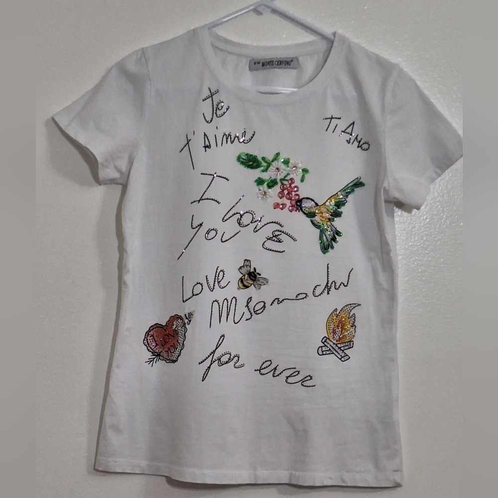 NWOT MONTE CERVINO Embroidered White Tee with Colorful Accents